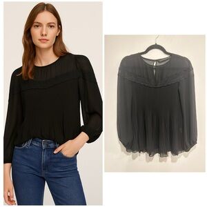 Zara Woman Black Sheer Lace Pleated Blouse, Size S